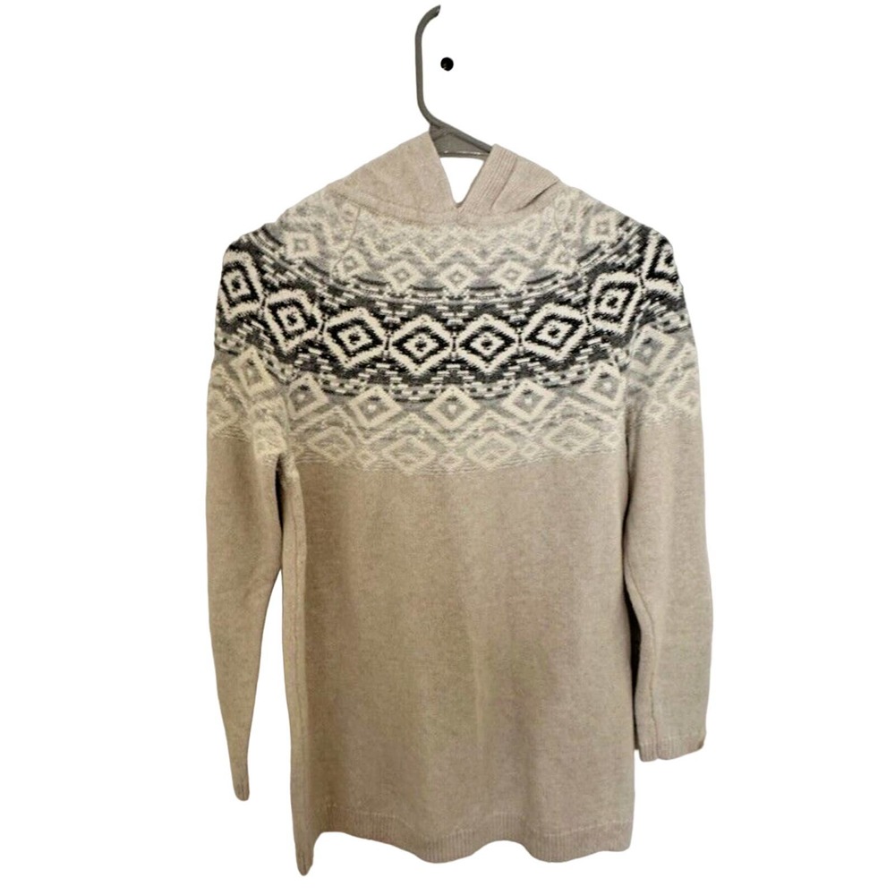 J Jill Sweater Womens Medium Petite White Fair Isle Hooded Long Sleeve Casual